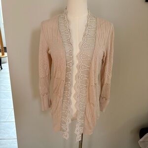 American Rag Pink Ivory Lace Trim Cardigan Open Front Sz M Fairy Boho